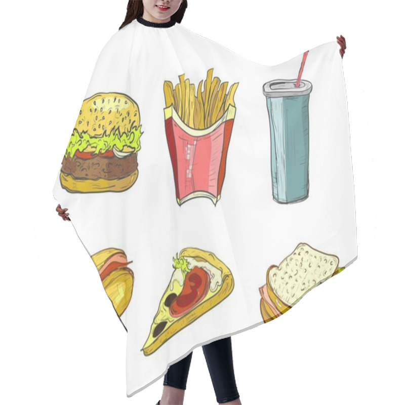 Personality  Set Of Junk Food Icon Doodle Isolated On White Background. Burger, Pizza, Soft Drink, French Fries, Hot Dog Hair Cutting Cape