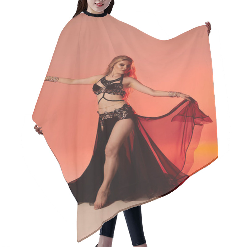 Personality  Elegantly Dressed Woman Performs A Captivating Belly Dance. Hair Cutting Cape