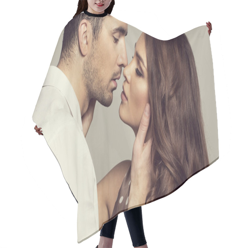 Personality  Portrait Of Romantic Couple Touching And Kissing Each Other Hair Cutting Cape