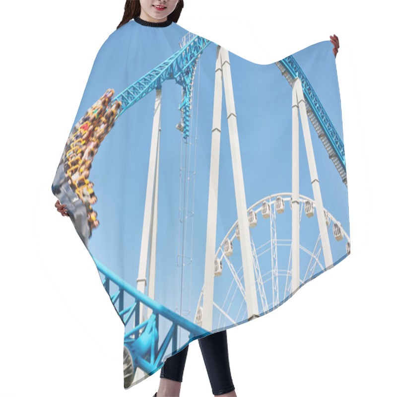 Personality  Tall Roller Coaster Ride With Trolley Going Down Fast In Blurred Motion Against Clear Blue Sky Hair Cutting Cape