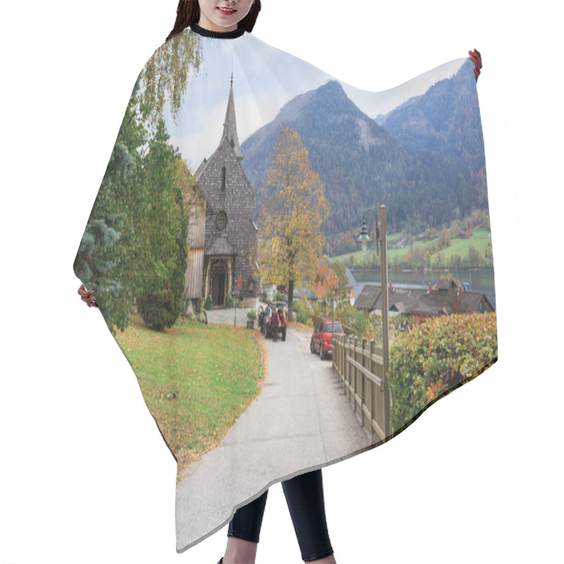 Personality  Town Of Grundlsee With The Old Parish Church On A Cloudy Autumn Day. View Of The Alps. Region Of Salzkammergut, Federal State Of Styria, Austria. Hair Cutting Cape