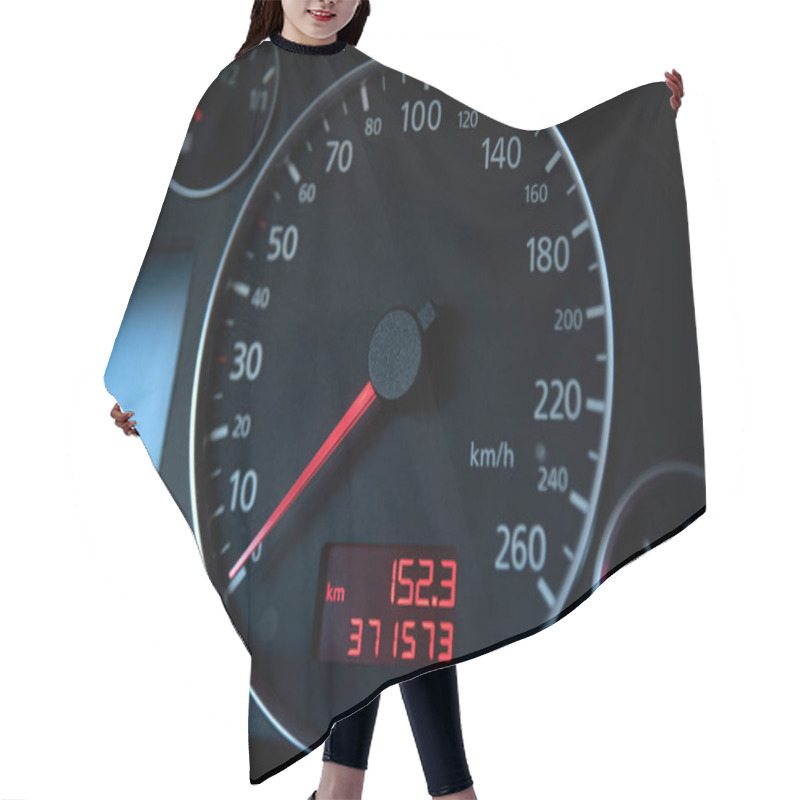 Personality  Car Speedometer, Close Up. Hair Cutting Cape