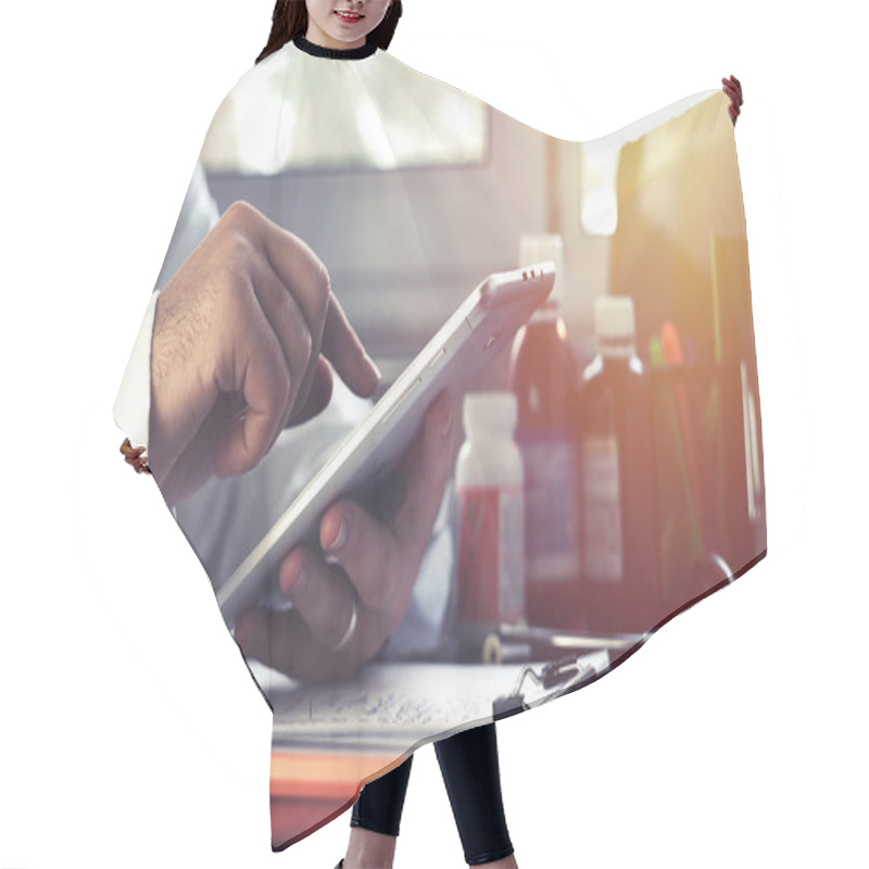 Personality  Doctor Using Touchscreen Tablet Close Up Shot Hair Cutting Cape