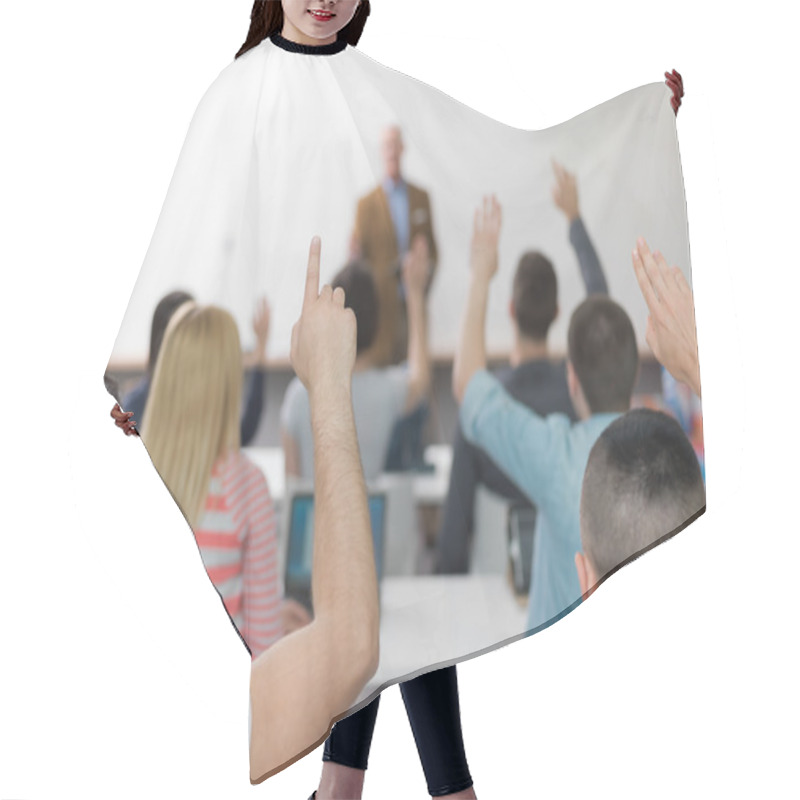 Personality  Students Group Raise Hands Up On Class Hair Cutting Cape