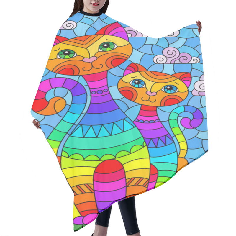 Personality  A Stained Glass Illustration With A Pair Of Cartoon Cats In A Meadow Against A Cloudy Sky Hair Cutting Cape