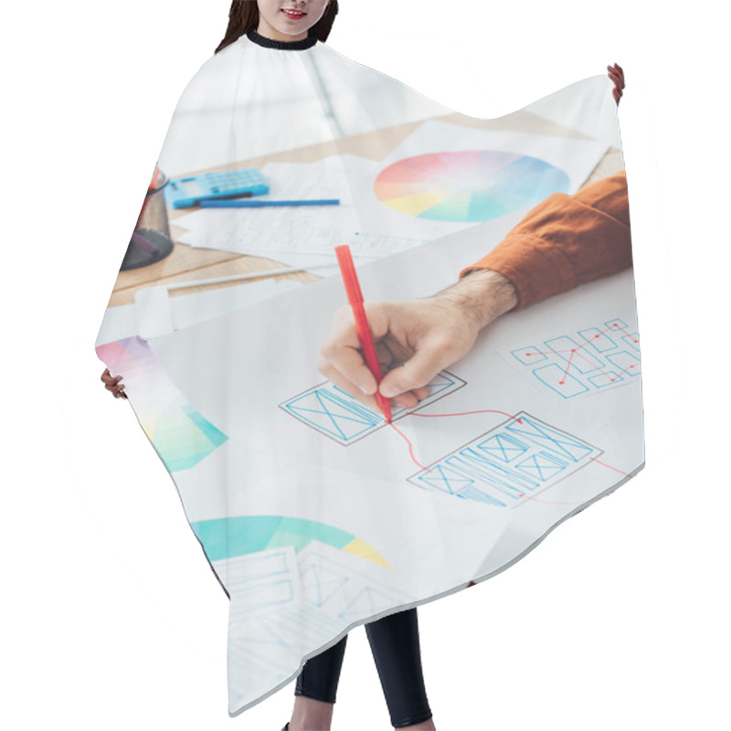 Personality  Cropped View Of Designer With Marker Developing User Experience Design With Templates And Color Circle On Table Hair Cutting Cape