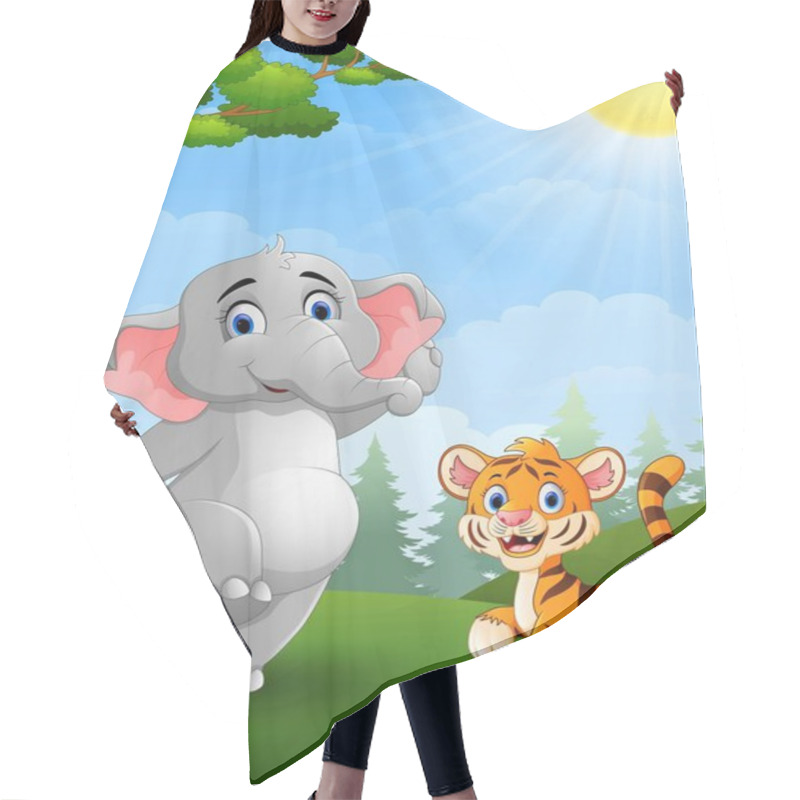 Personality  Elephant And Tiger Cartoon In The Jungle Hair Cutting Cape