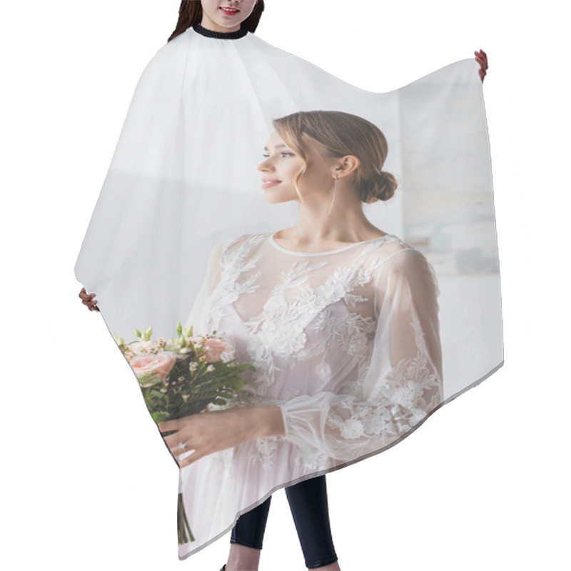 Personality  Young Bride In White Wedding Dress Holding Bouquet And Looking Away At Home Hair Cutting Cape