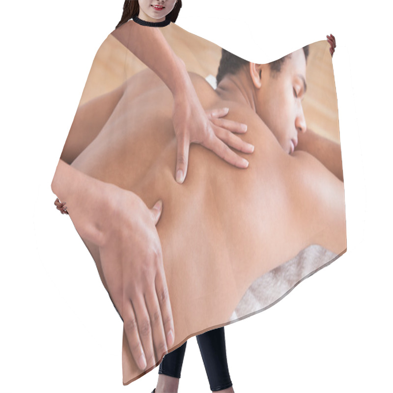 Personality  Man Receiving Massage From Female Hand Hair Cutting Cape