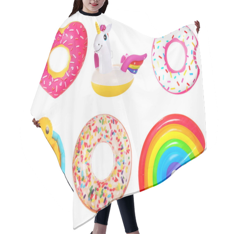 Personality  Set Of Bright Inflatable Rings And Mattress On White Background  Hair Cutting Cape