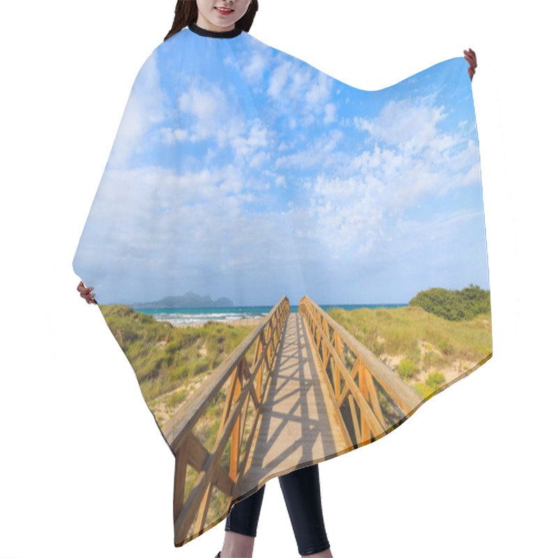 Personality  Wooden Footbridge Sand Beach Sea Clouds Blue Sky, Can Picafort, Majorca, Spain Hair Cutting Cape