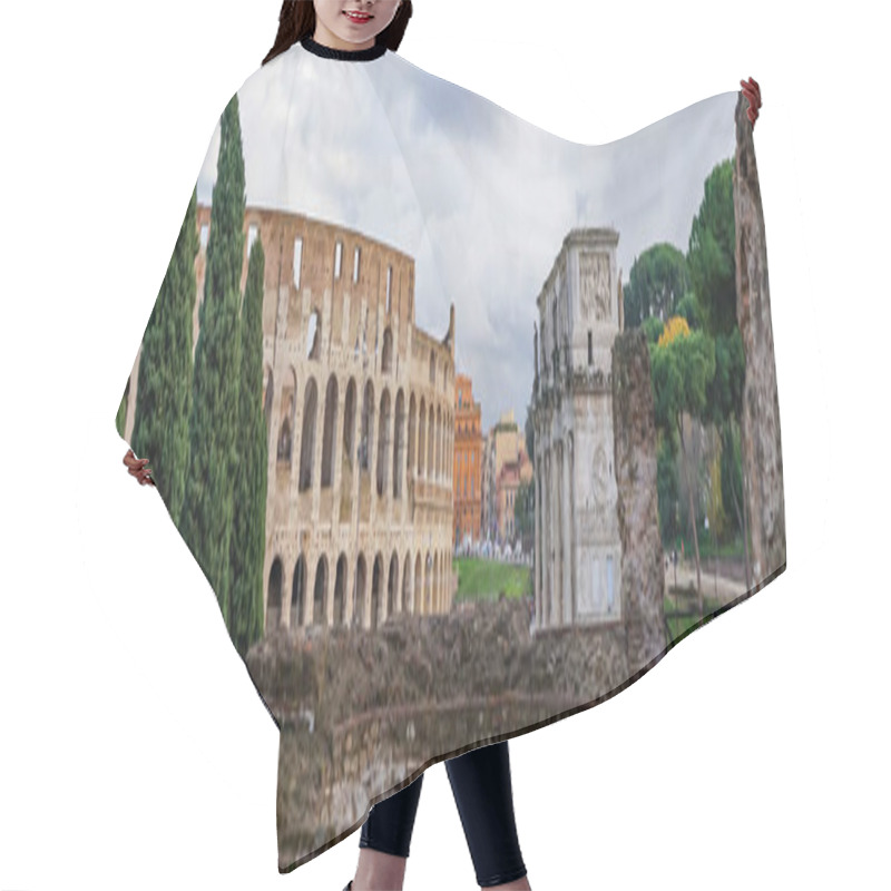 Personality  Panoramic Crop Of Ancient Colosseum Near Historical Buildings  Hair Cutting Cape