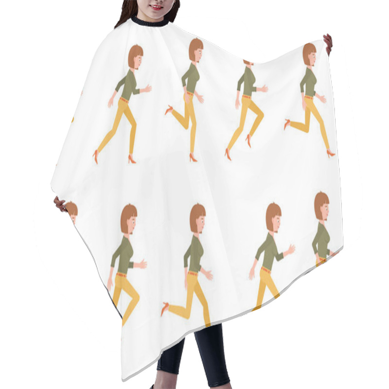 Personality  Young Adult Woman In Yellow Pants Running Sequence Poses Vector Illustration. Fast Moving Forward Office Cartoon Character Set On White Backgroun Hair Cutting Cape