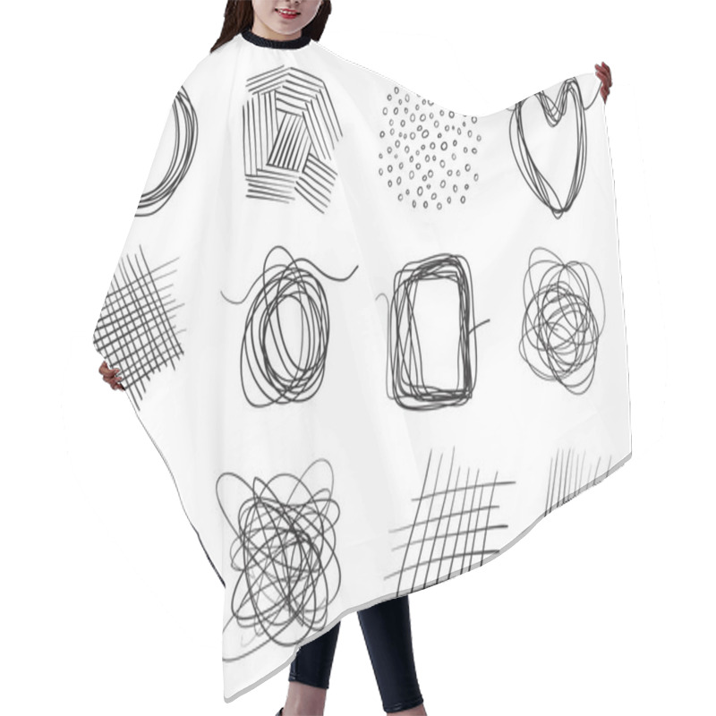 Personality  Backgrounds With Array Of Lines On White. Intricate Chaotic Textures. Wavy Backdrops. Hand Drawn Tangled Patterns. Black And White Illustration. Elements For Design Hair Cutting Cape