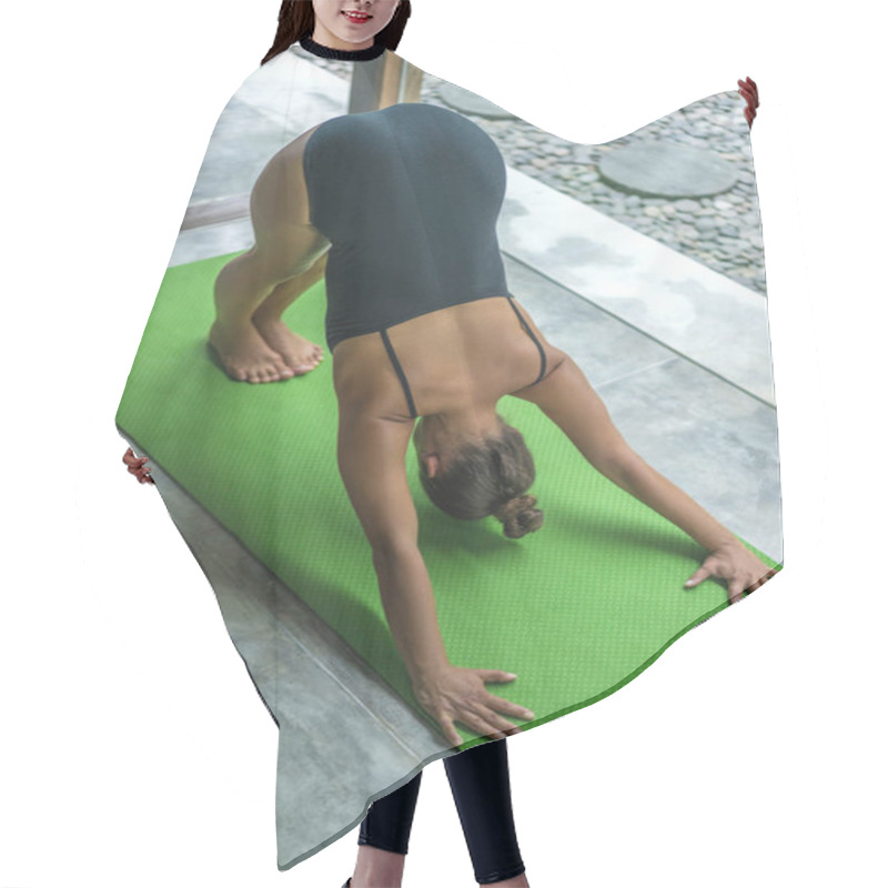 Personality  High Angle View Of Beautiful Young Woman Practicing Yoga In Downward-Facing Dog Pose (Adho Mukha Svanasana) Hair Cutting Cape