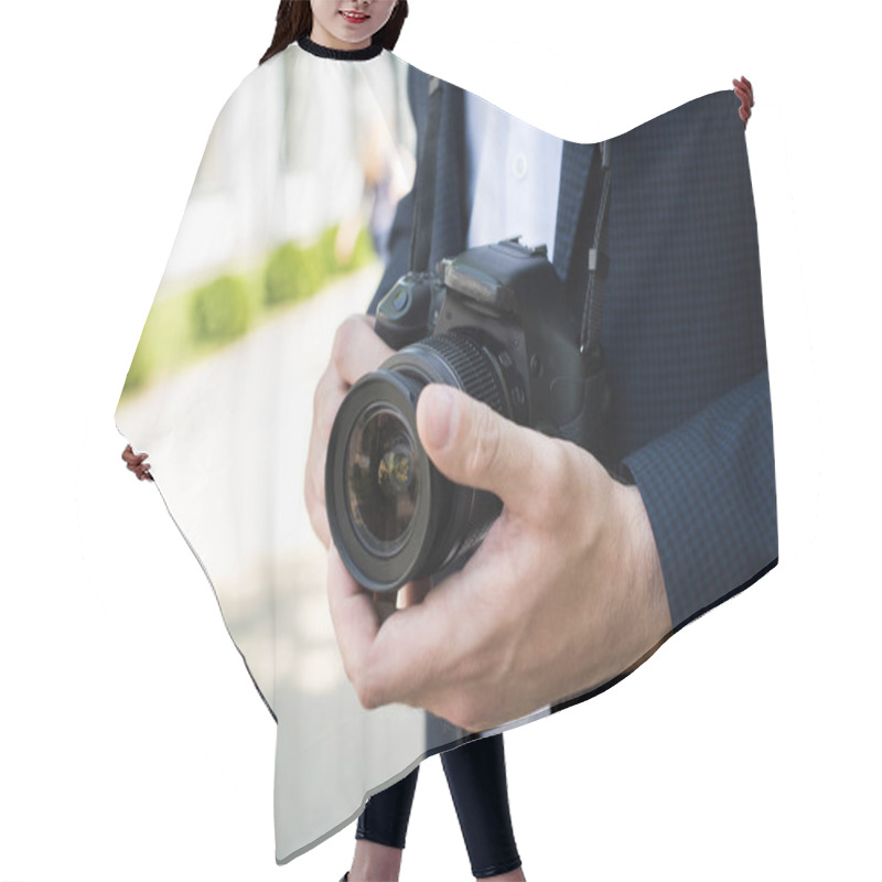 Personality  Partial View Of Photojournalist In Formal Wear Holding Photo Camera Hair Cutting Cape