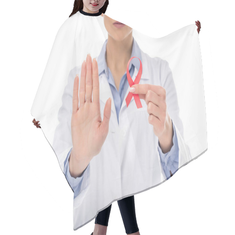 Personality  Doctor With Aids Ribbon Showing Stop Hair Cutting Cape