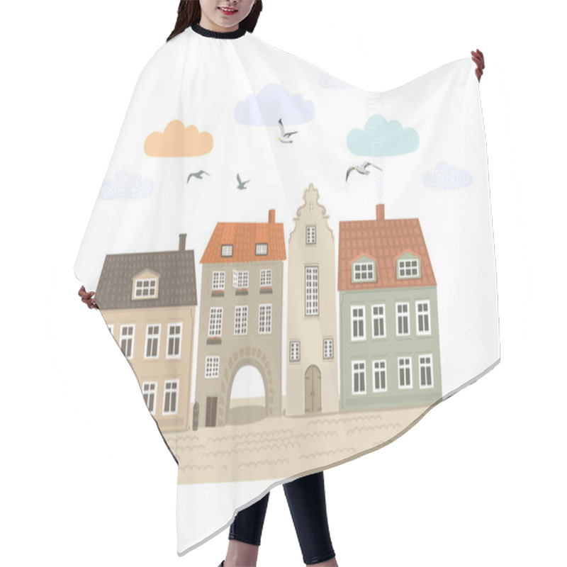 Personality  Cartoon City Background.  Old Town. City Panorama. Vector Illustration. Hair Cutting Cape