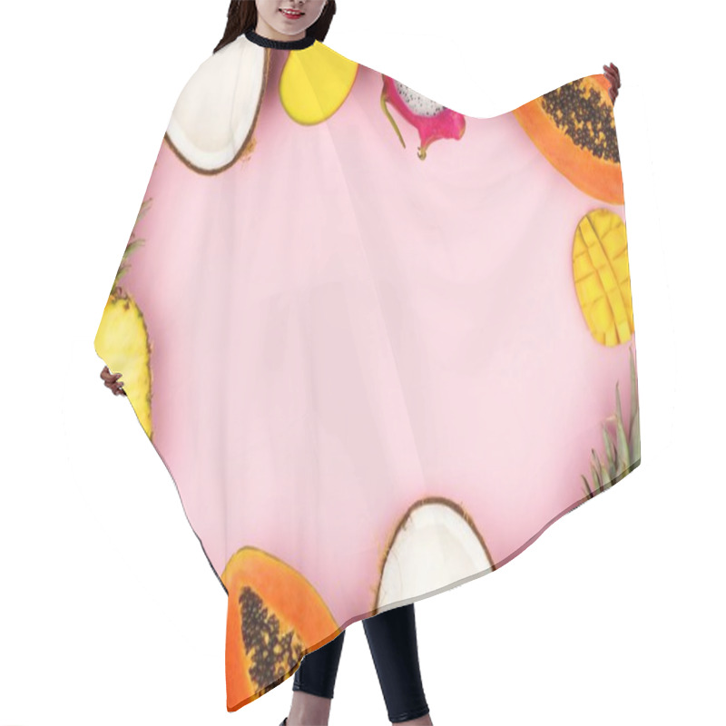 Personality  Tropical Fruit Frame With Pineapple, Dragon Fruit, Papaya, Coconut And Mango On A Pastel Pink Background Hair Cutting Cape