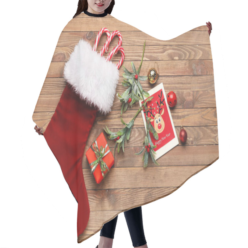 Personality  Composition With Christmas Sock On Wooden Background Hair Cutting Cape