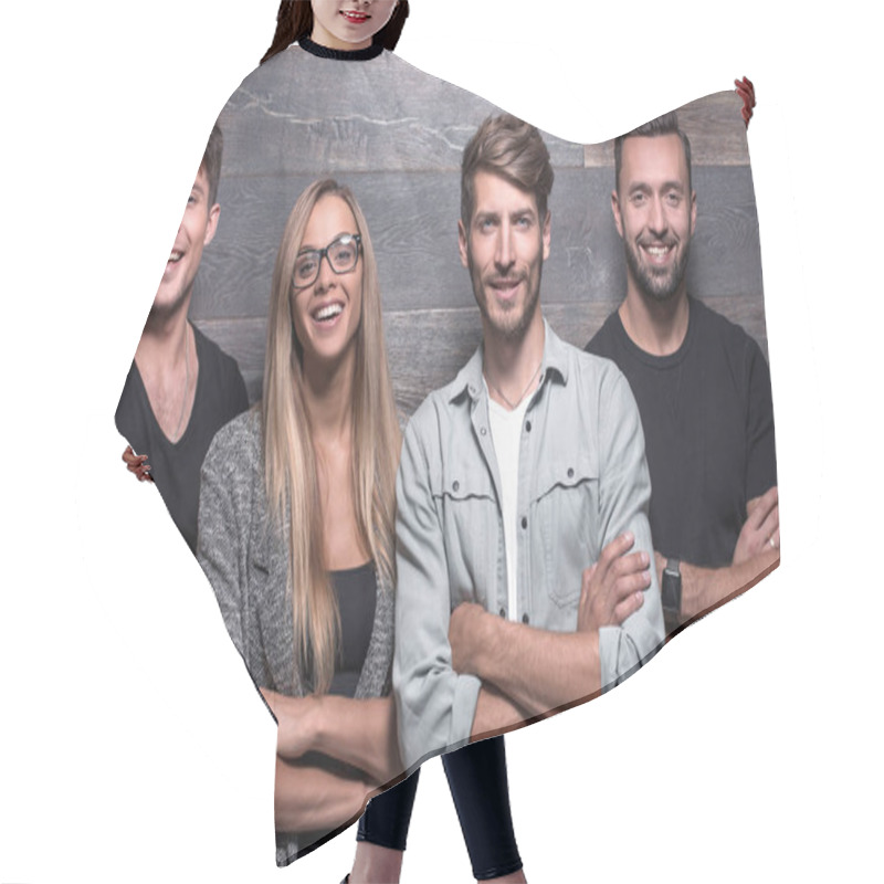 Personality  A Group Of Young People Stand And Smile Hair Cutting Cape