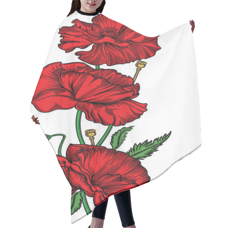 Personality  Hand Drawn Blooming Red Poppy Flowers. Detailed Hand Drawn Illustration Of Decorative Flowers In Line Style Isolated On White Background.Accurate Line Art Flowers Hair Cutting Cape