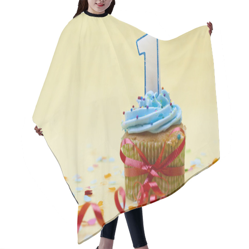 Personality  Close Up Image Of A Cupcake With Number 1 Candle Hair Cutting Cape