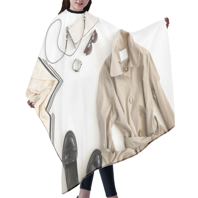 Personality  Women Fashion Clothes And Accessories Top View Background. Flat Lay Female Autumn Style Look With  Beige Cloak , Shoes, Bag, Sunglasses, Accessories On White Background. Copy Space. Hair Cutting Cape