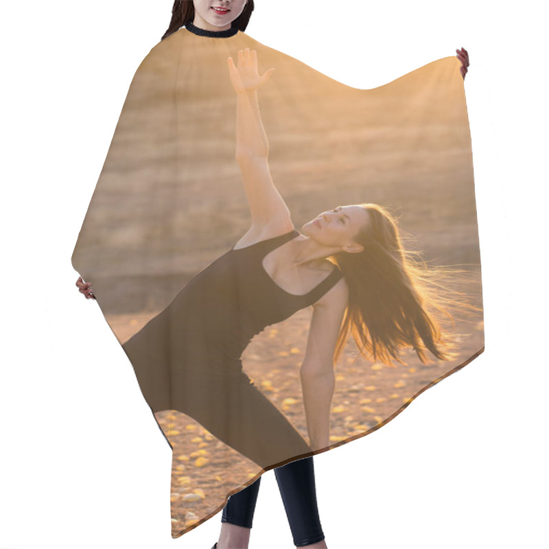 Personality  Young Beautiful Girl Doing Yoga In Nature. Hair Cutting Cape