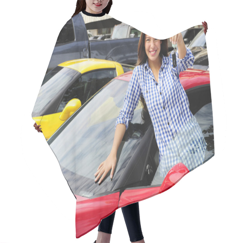 Personality  Woman Showing Key Of New Sports Car Hair Cutting Cape