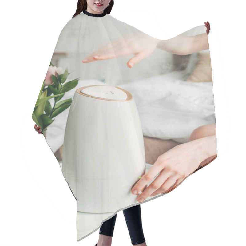 Personality  Cropped View Of Female Hands With Tulips And Air Purifier Spreading Steam Hair Cutting Cape