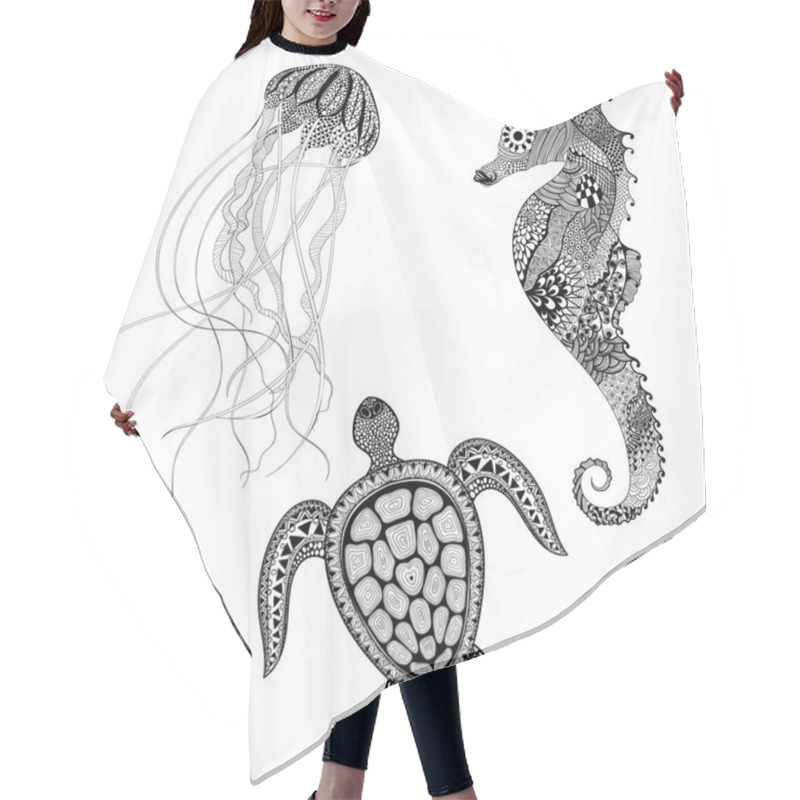 Personality  Zentangle Stylized Black Turtle, Sea Horse And Jellyfish. Hand D Hair Cutting Cape