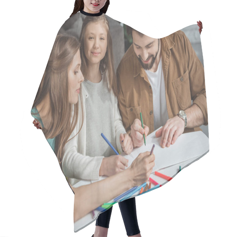 Personality  Parents And Daughter Drawing With Felt-tip Pens At Table Hair Cutting Cape