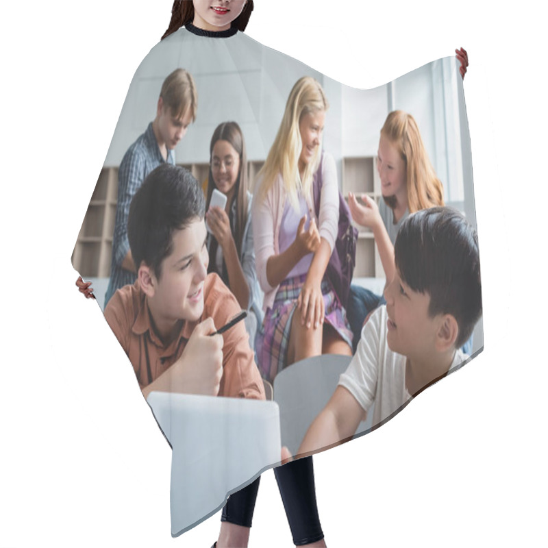 Personality  Cheerful Asian Child Holding Digital Tablet Near Friend And Classmates  Hair Cutting Cape