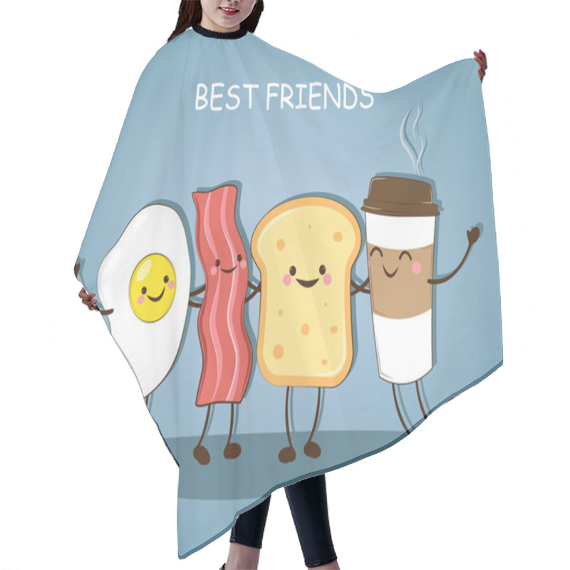 Personality  Best Friends. Breakfast. Morning Breakfast. Cute Picture Of A Coffee, Bacon, Eggs And Toast. Vector Illustration. Hair Cutting Cape