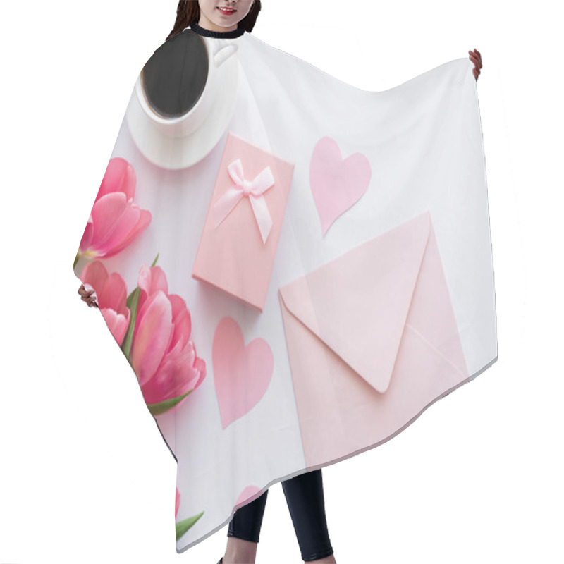 Personality  Top View Of Bouquet Of Tulips Near Paper Hearts, Envelope And Gift Box On White Hair Cutting Cape