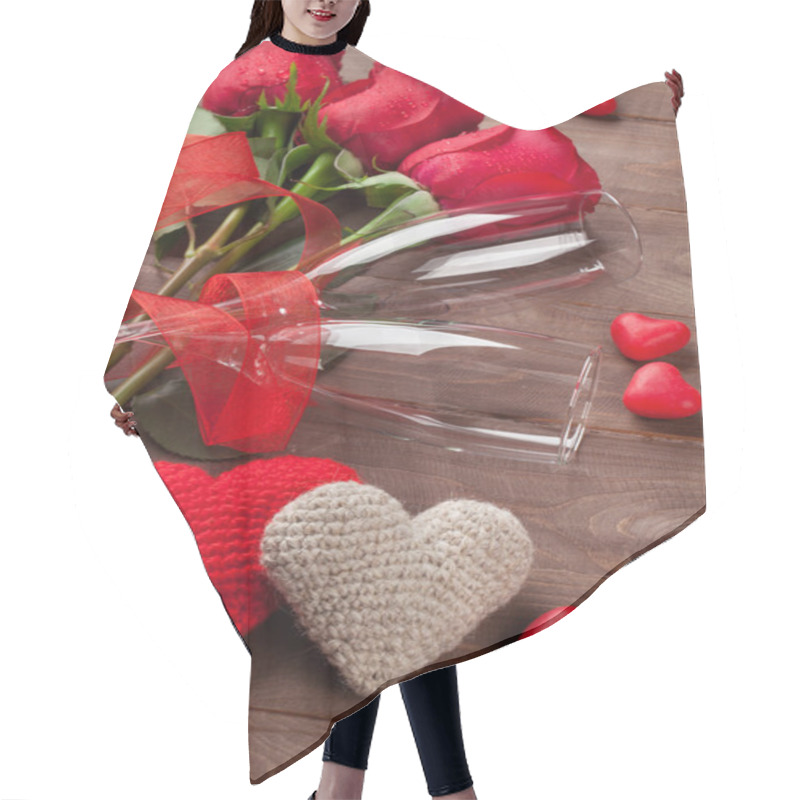 Personality  Red Roses, Hearts And Champagne Glasses Hair Cutting Cape