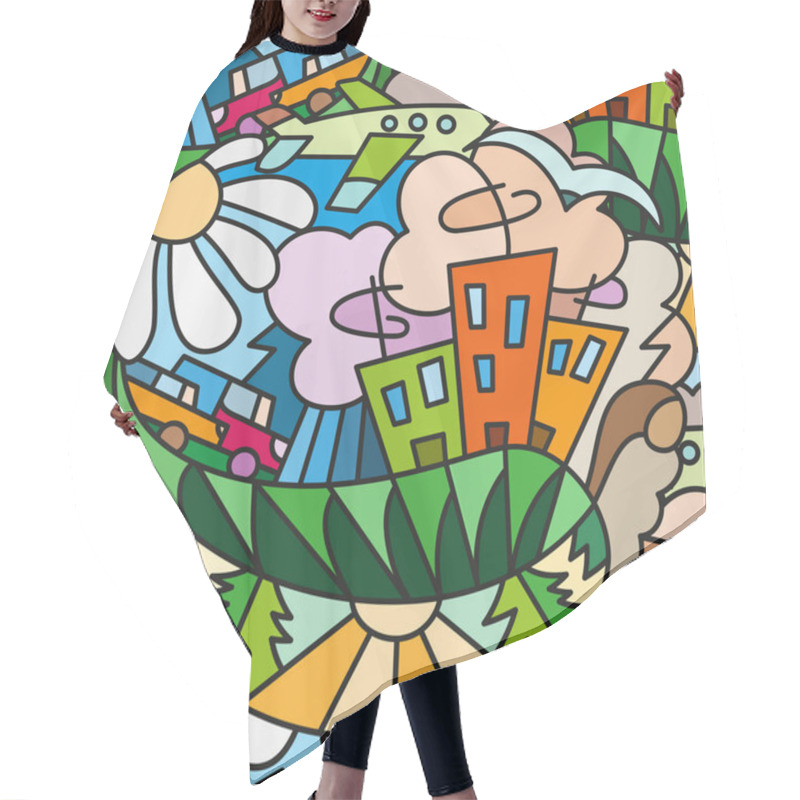 Personality  Seamless Bright Pattern. View Of The City. Ecology Theme. Hair Cutting Cape