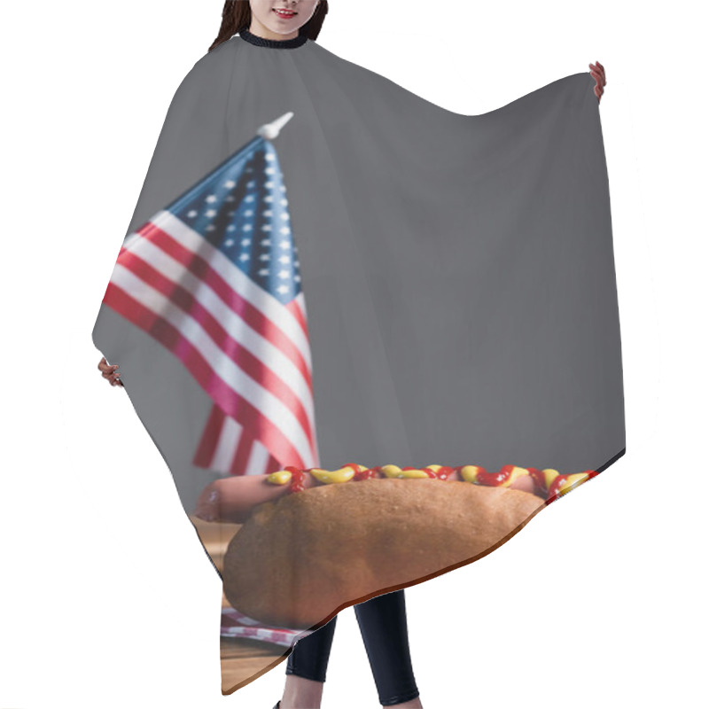 Personality  Blurred American Flag, Hot Dog And Plaid Napkin On Wooden Table Isolated On Grey Hair Cutting Cape