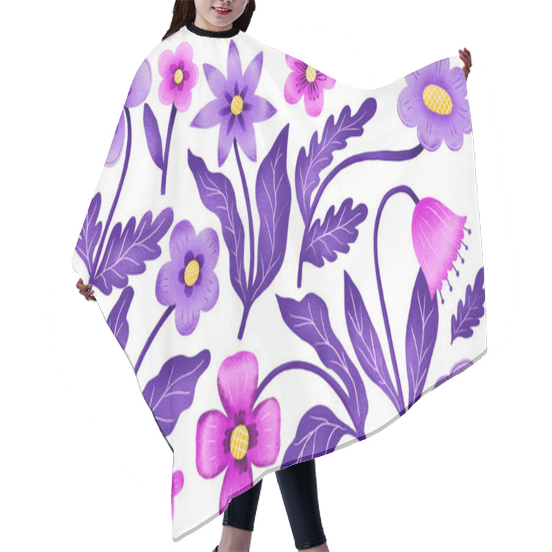 Personality  Cartoon Flowers. Violet Blossom Flowers. Spring Floral Illustration. Hand Drawn Isolated Illustration. Collection Wildflowers. Floral Branches. Hair Cutting Cape