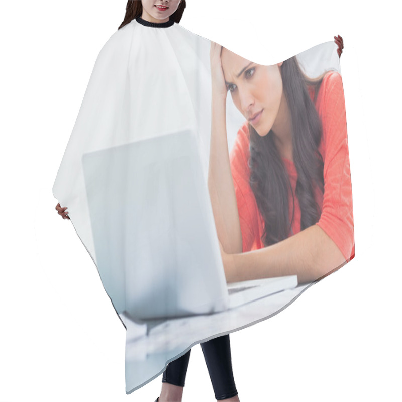 Personality  Confused Designer Looking At Her Laptop Hair Cutting Cape