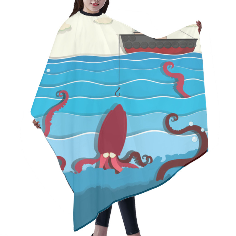 Personality  Giant Octopus And Fishing Boat Hair Cutting Cape