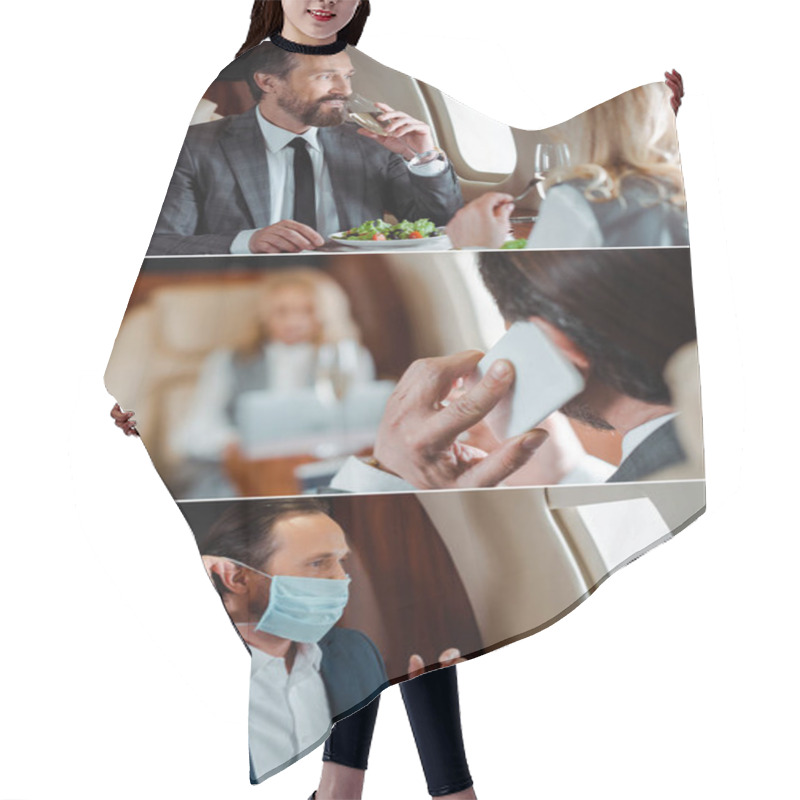 Personality  Collage Of Business People Drinking Champagne, Talking On Smartphone And Using Medical Mask In Plane  Hair Cutting Cape