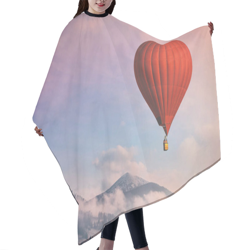 Personality  Red Air Balloon In The Shape Of A Heart Flying In Morning Mountains Hair Cutting Cape