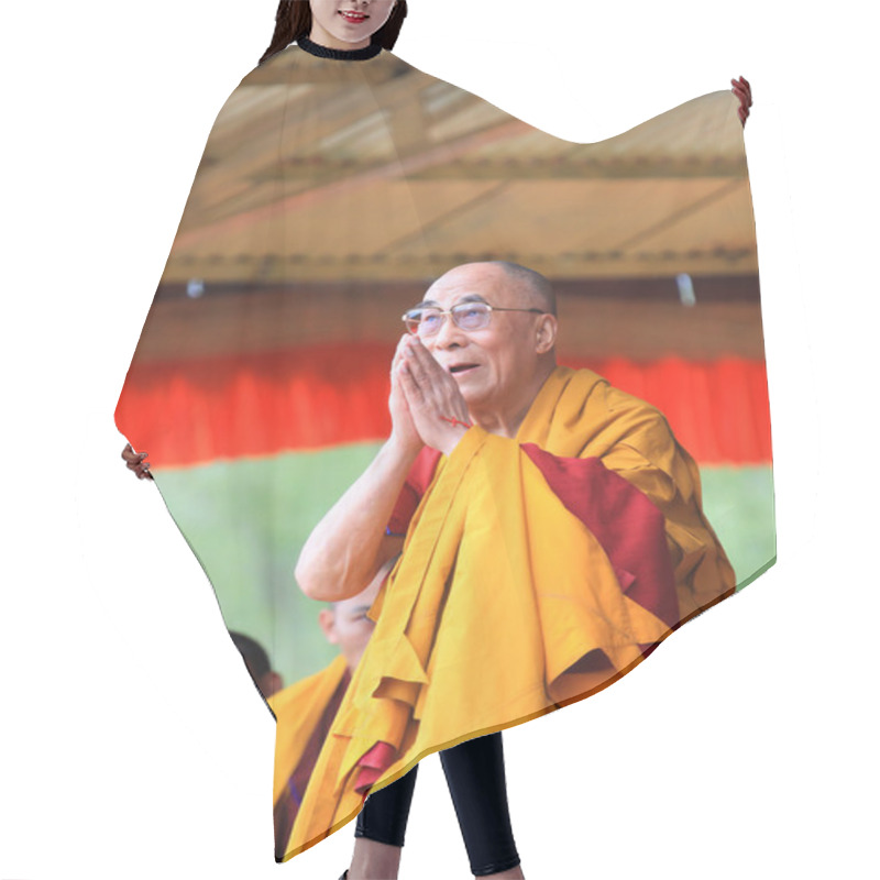 Personality  LEH, INDIA - AUGUST 5, 2012: His Holiness The 14th Dalai Lama Gi Hair Cutting Cape