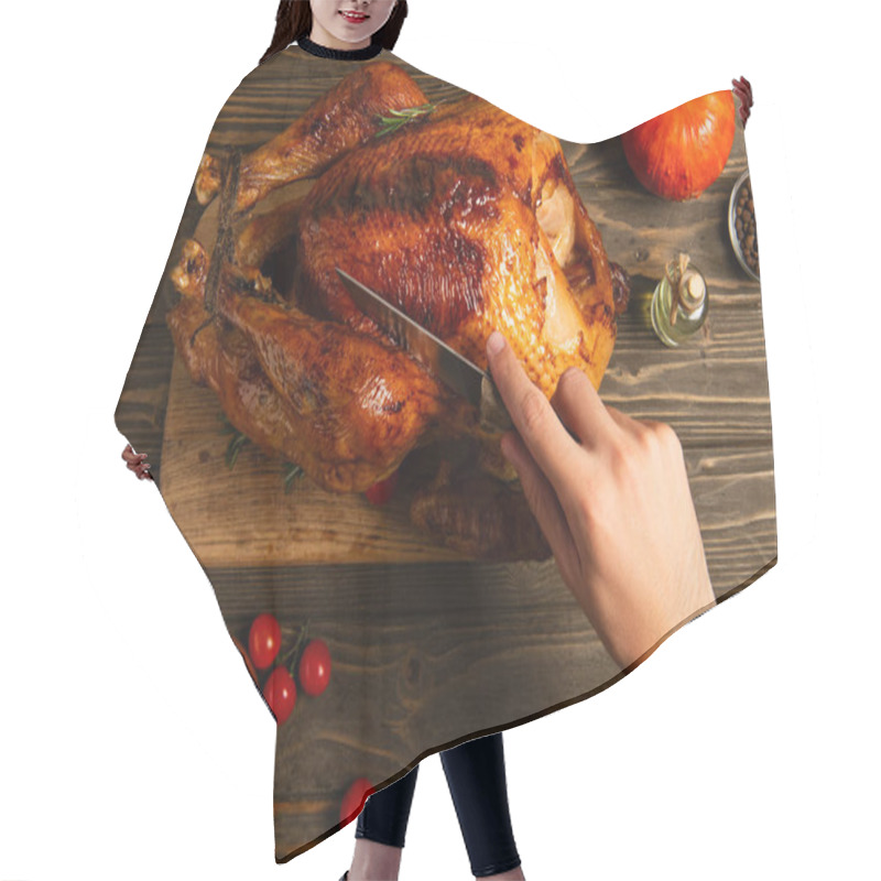 Personality  Cropped View Of Man Cutting Thanksgiving Turkey Near Cherry Tomatoes And Pumpkin On Wooden Table Hair Cutting Cape