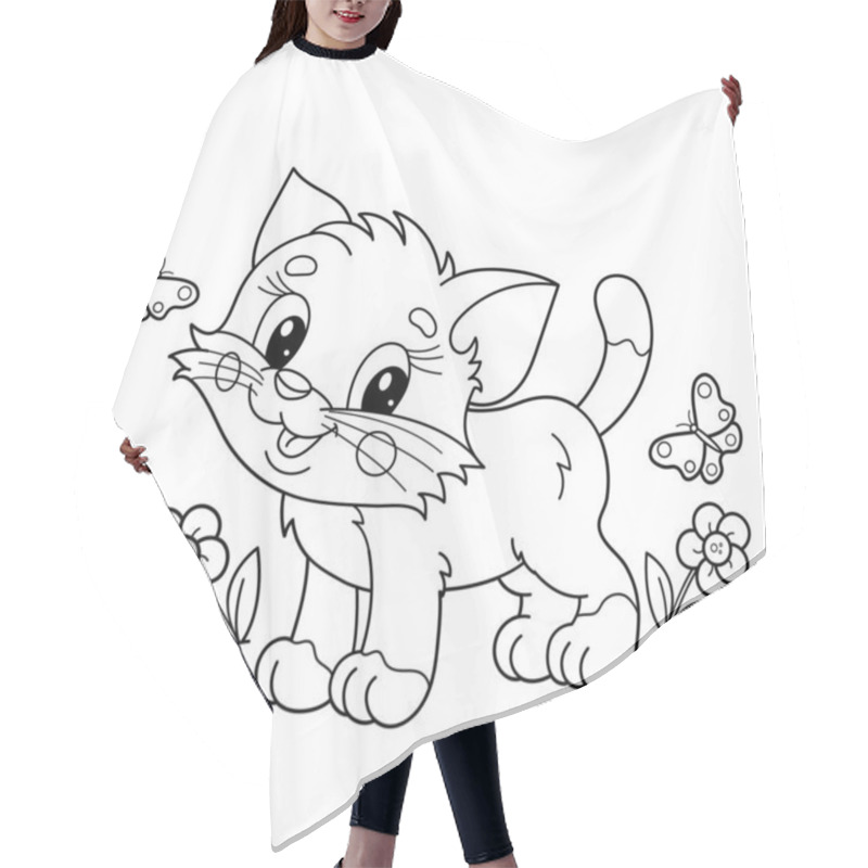 Personality  Coloring Page Outline Of Cartoon Little Cat On Flower Clearing. Cute Kitten With Butterfly. Pet. Coloring Book For Kids Hair Cutting Cape