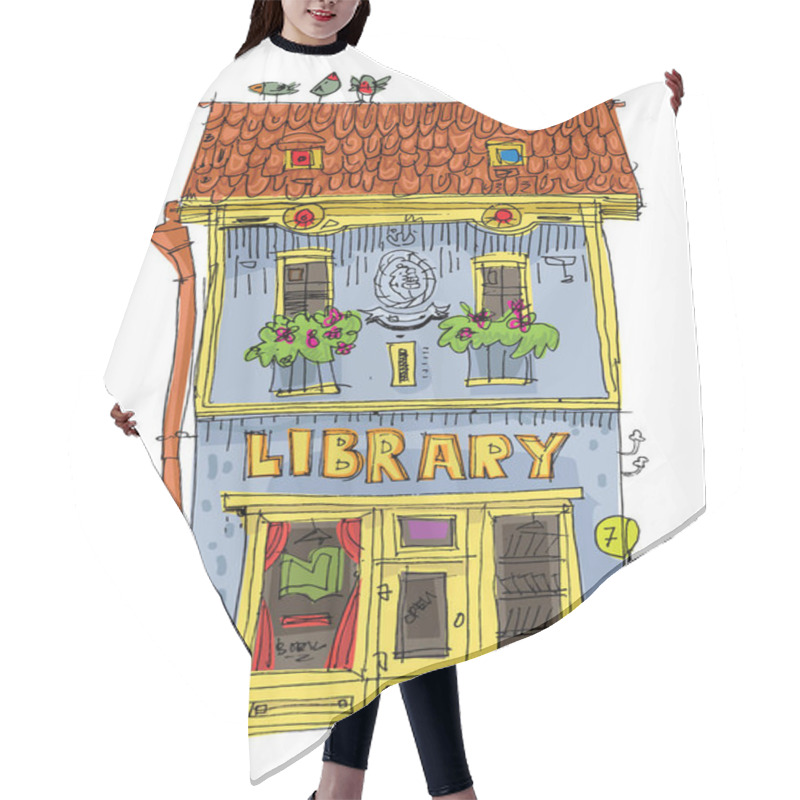 Personality  A Small Ancient Building With A Library Or A Bookstore On The First Floor. Cartoon Hair Cutting Cape