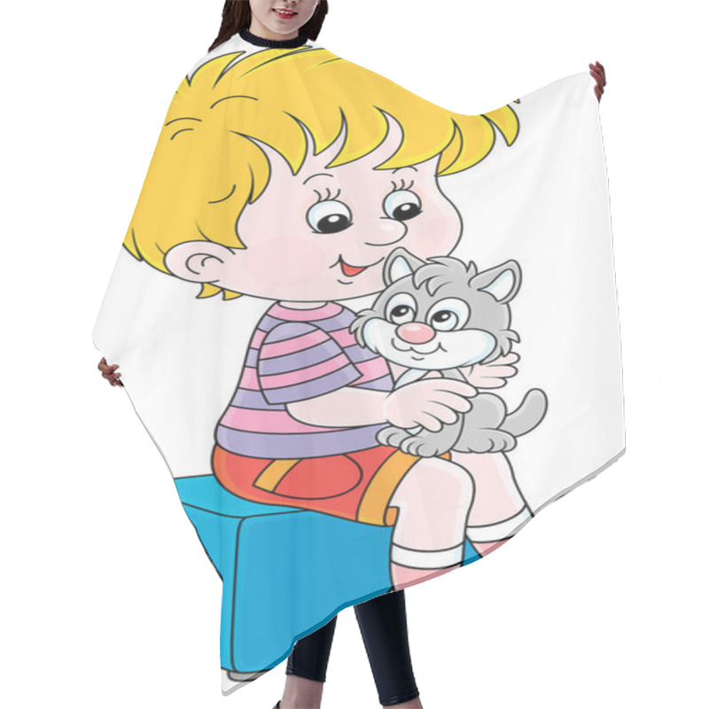 Personality  Happy Little Boy Playing With His Cute Grey And White Kitten, Vector Cartoon Illustration Isolated On A White Background Hair Cutting Cape