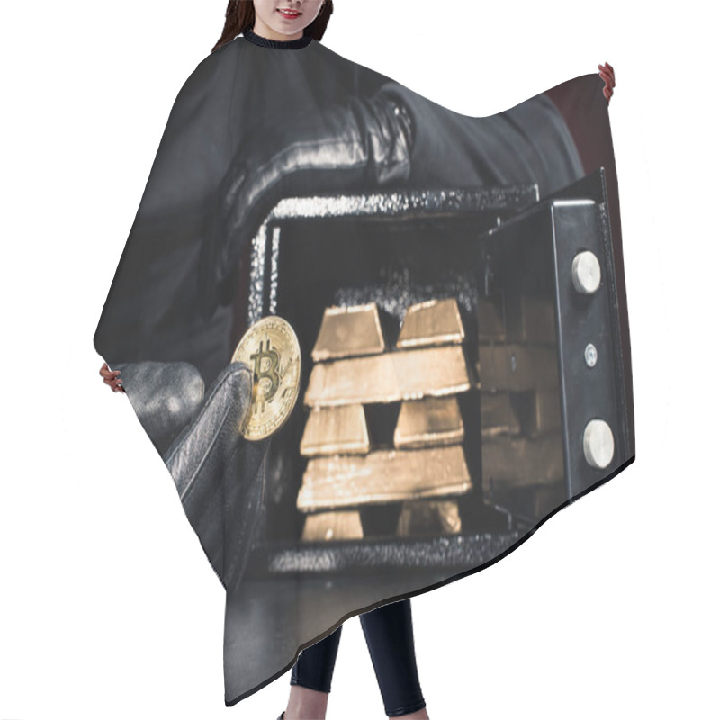 Personality  Cropped View Of Thief Stealing Gold Bullions And Bitcoin From Safe Hair Cutting Cape